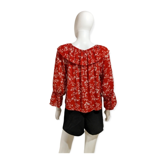 New Trend Off-Shoulder Long Sleeve Floral Top Dark Red - Picture 2 of 12
